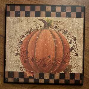 Autumn Pumpkin Primitive Folk Art Handcrafted Plaque / Sign